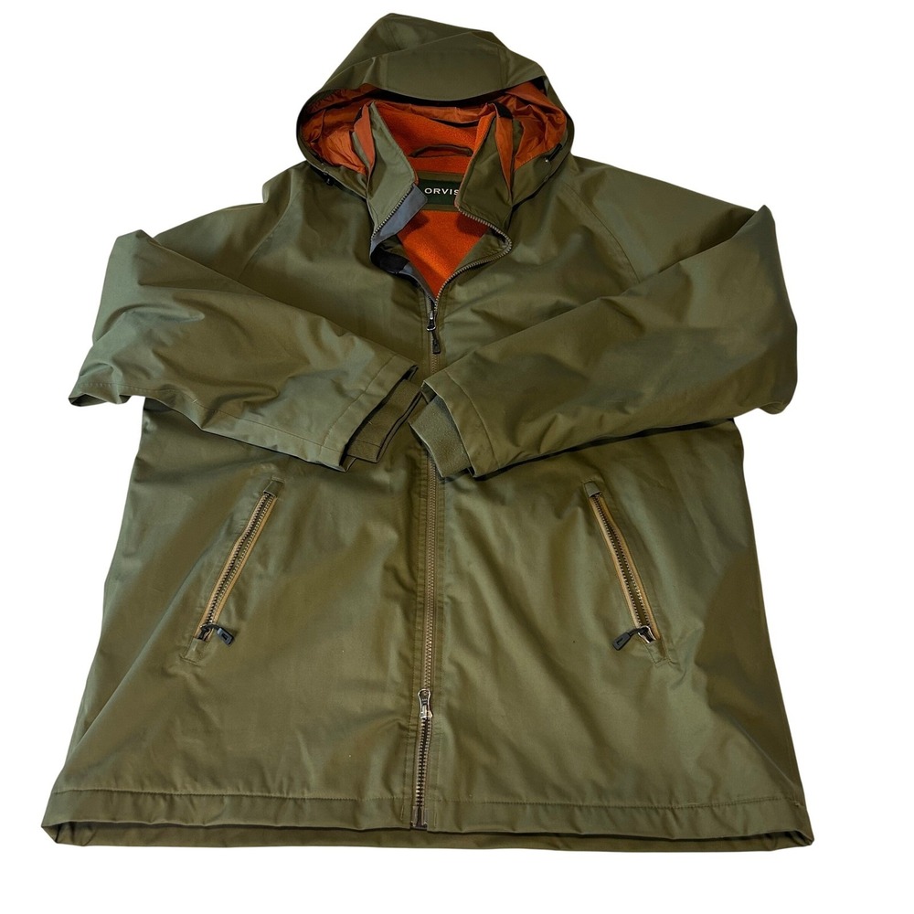 Orvis Mens Waterproof Hooded Jacket Green Orange Fleece Lined Size XL RN 70534